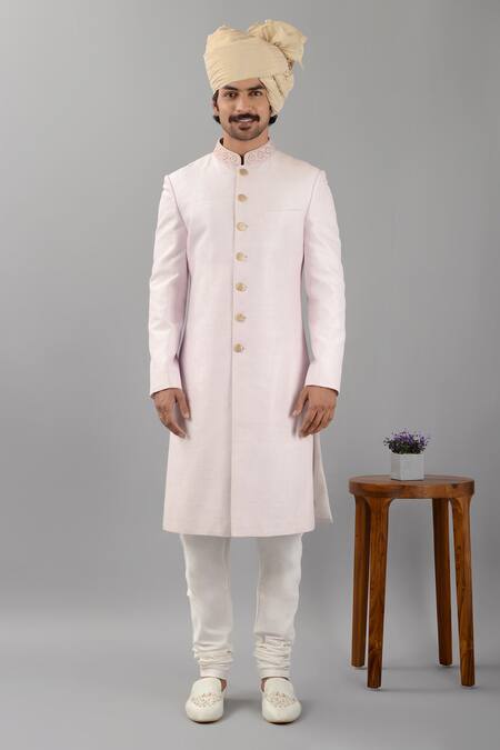 Siddhesh Chauhan_Purple Raw Silk Self-stitched Pattern Sherwani Pant Set_at_Aza_Fashions
