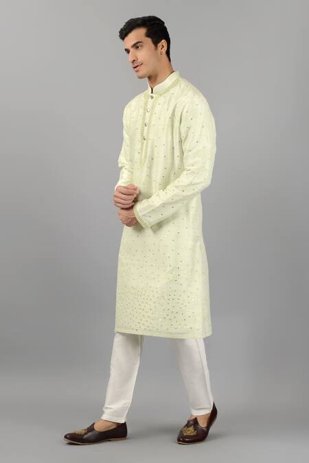 Siddhesh Chauhan_Green Silk, Cotton Mirrors Embroidered Kurta And Pant Set_Online_at_Aza_Fashions