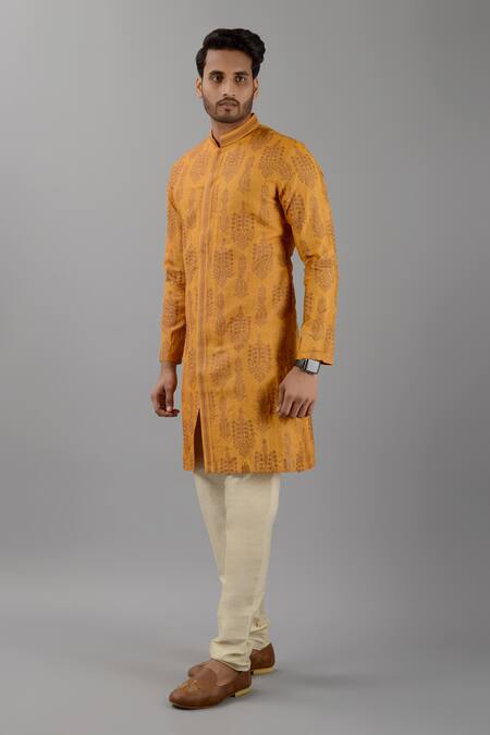 Buy_Siddhesh Chauhan_Yellow Muslin, Cotton Embroidery Kurta And Pant Set_Online_at_Aza_Fashions