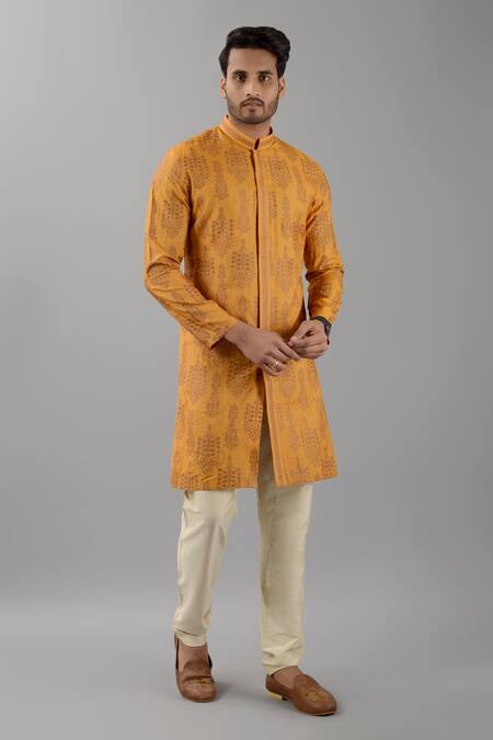 Shop_Siddhesh Chauhan_Yellow Muslin, Cotton Embroidery Kurta And Pant Set_Online_at_Aza_Fashions