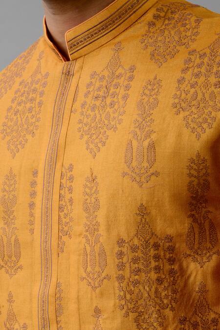 Siddhesh Chauhan_Yellow Muslin, Cotton Embroidery Kurta And Pant Set_at_Aza_Fashions