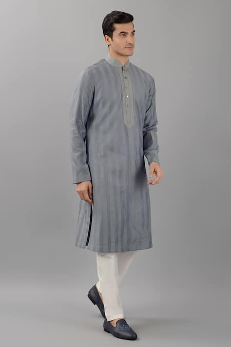 Buy_Siddhesh Chauhan_Grey Silk, Cotton Embroidery Collar Kurta And Pant Set_Online_at_Aza_Fashions