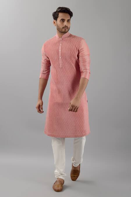 Siddhesh Chauhan_Pink Silk, Cotton Embroidery Kurta And Pant Set_at_Aza_Fashions