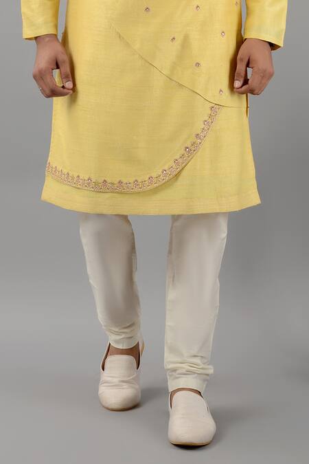 Siddhesh Chauhan_Yellow Silk, Cotton Embroidery Layered Kurta Set_Online_at_Aza_Fashions