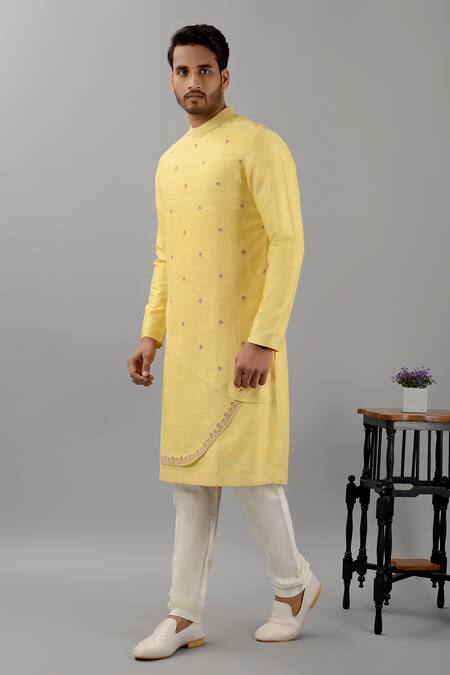 Buy_Siddhesh Chauhan_Yellow Silk, Cotton Embroidery Layered Kurta Set_Online_at_Aza_Fashions
