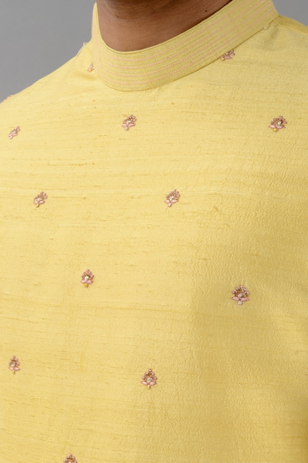 Shop_Siddhesh Chauhan_Yellow Silk, Cotton Embroidery Layered Kurta Set_Online_at_Aza_Fashions