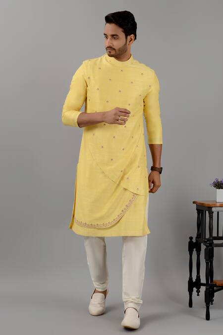 Siddhesh Chauhan_Yellow Silk, Cotton Embroidery Layered Kurta Set_at_Aza_Fashions