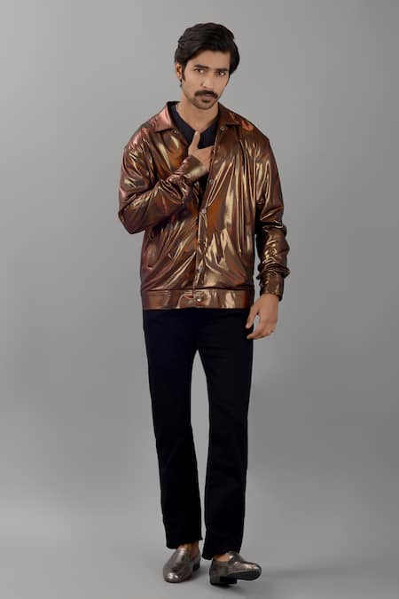 Buy Gold Hologram Metallic Fabric Plain Glow Bomber Jacket For Men by  Siddhesh Chauhan Online at Aza Fashions.