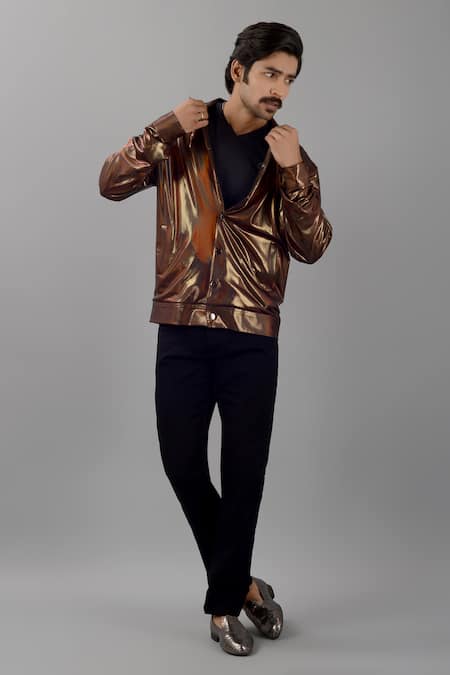 Siddhesh Chauhan_Gold Hologram Metallic Fabric Plain Glow Bomber Jacket_Online_at_Aza_Fashions