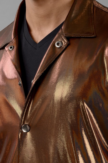 Siddhesh Chauhan_Gold Hologram Metallic Fabric Plain Glow Bomber Jacket_at_Aza_Fashions