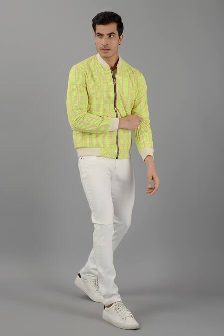 Siddhesh Chauhan_Yellow Seersucker Checkered Pattern Vividly Playful Bomber Jacket_Online_at_Aza_Fashions