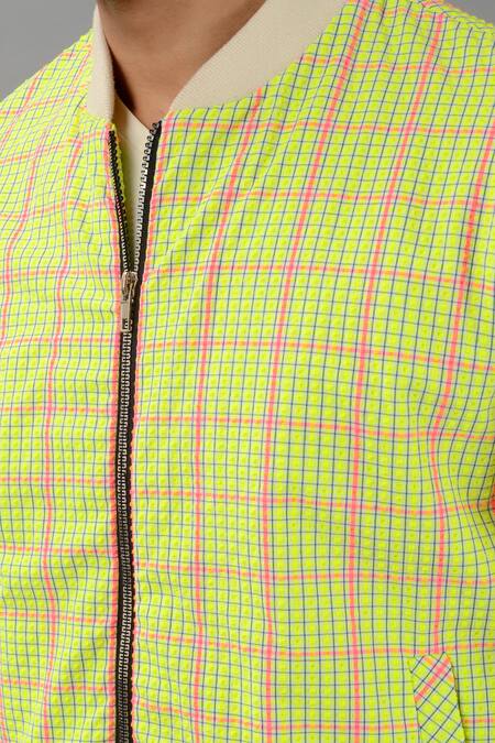 Shop_Siddhesh Chauhan_Yellow Seersucker Checkered Pattern Vividly Playful Bomber Jacket_Online_at_Aza_Fashions