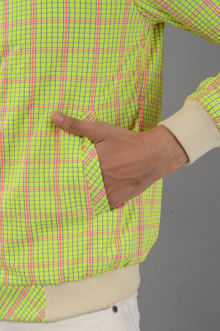 Siddhesh Chauhan_Yellow Seersucker Checkered Pattern Vividly Playful Bomber Jacket_at_Aza_Fashions