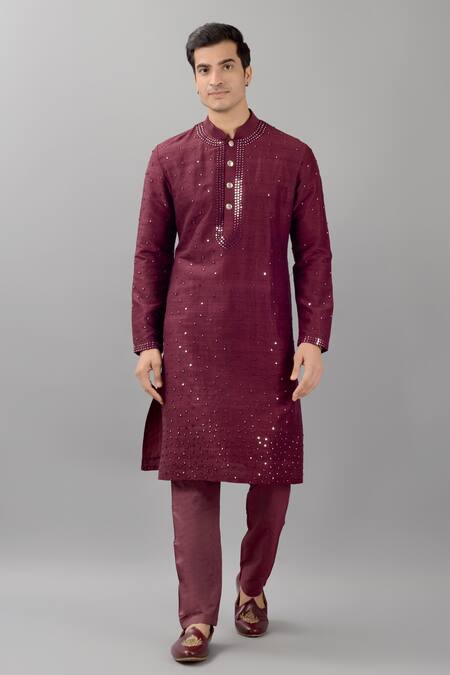 Siddhesh Chauhan_Wine Silk Metallic Thread, Mirrors And Embroidered Kurta Set_Online_at_Aza_Fashions
