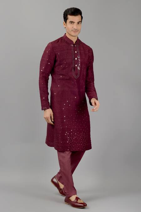 Shop_Siddhesh Chauhan_Wine Silk Metallic Thread, Mirrors And Embroidered Kurta Set_Online_at_Aza_Fashions