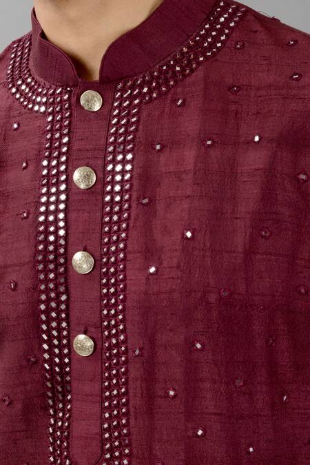 Siddhesh Chauhan_Wine Silk Metallic Thread, Mirrors And Embroidered Kurta Set_at_Aza_Fashions