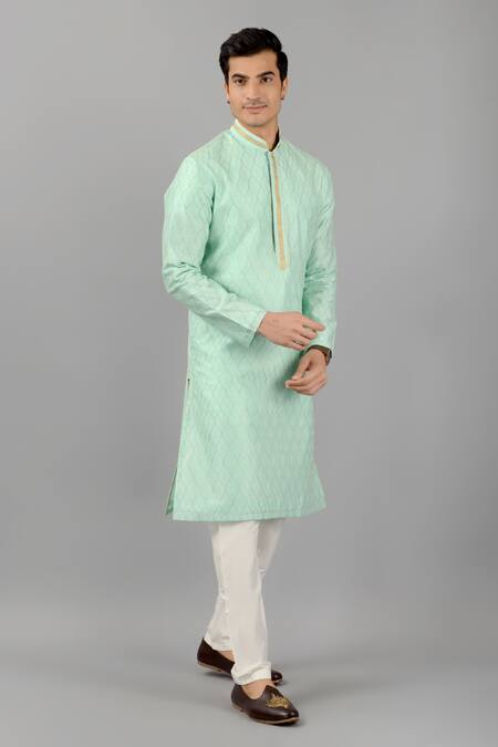Shop_Siddhesh Chauhan_Green Silk, Cotton Embroidery Thread Kurta Set_Online_at_Aza_Fashions