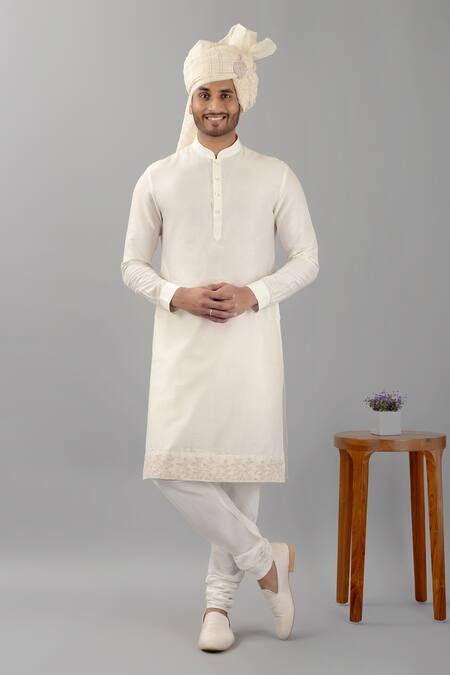 Siddhesh Chauhan_Off White Raw Silk Hand Painted And Embroidered Leaf Stripe Nirjara Sherwani Set_Online_at_Aza_Fashions