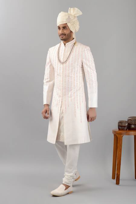 Buy_Siddhesh Chauhan_Off White Raw Silk Hand Painted And Embroidered Leaf Stripe Nirjara Sherwani Set_Online_at_Aza_Fashions