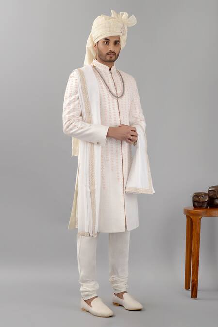 Shop_Siddhesh Chauhan_Off White Raw Silk Hand Painted And Embroidered Leaf Stripe Nirjara Sherwani Set_Online_at_Aza_Fashions