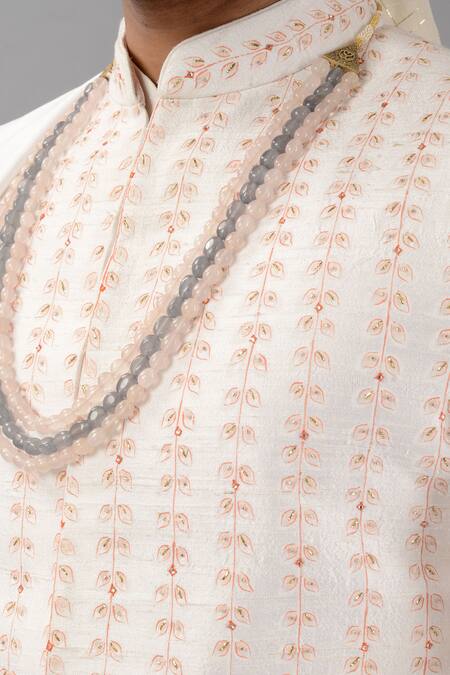 Siddhesh Chauhan_Off White Raw Silk Hand Painted And Embroidered Leaf Stripe Nirjara Sherwani Set_at_Aza_Fashions