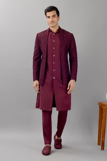 Siddhesh Chauhan Wine Terry Rayon Embroidered Thread Cut Dana Jodhpuri Jacket Set  