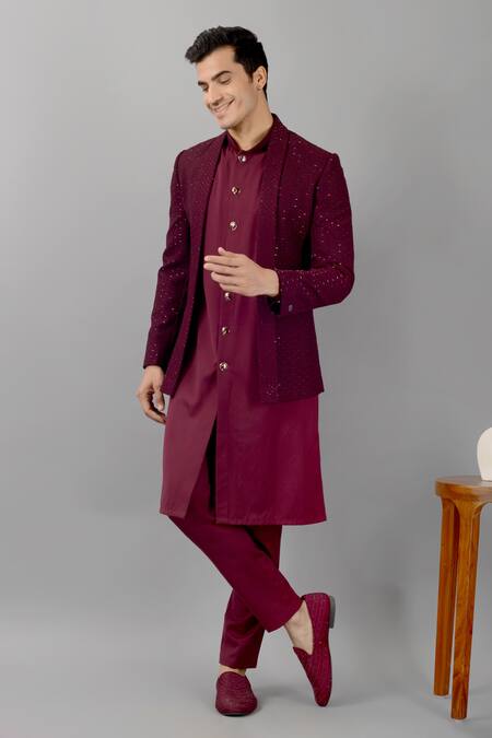 Siddhesh Chauhan_Wine Terry Rayon Embroidered Thread Cut Dana Jodhpuri Jacket Set_Online_at_Aza_Fashions