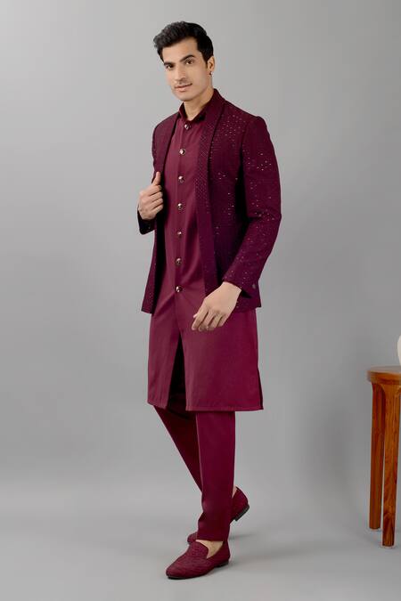 Buy_Siddhesh Chauhan_Wine Terry Rayon Embroidered Thread Cut Dana Jodhpuri Jacket Set_Online_at_Aza_Fashions