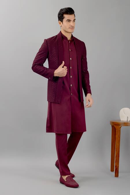 Shop_Siddhesh Chauhan_Wine Terry Rayon Embroidered Thread Cut Dana Jodhpuri Jacket Set_Online_at_Aza_Fashions