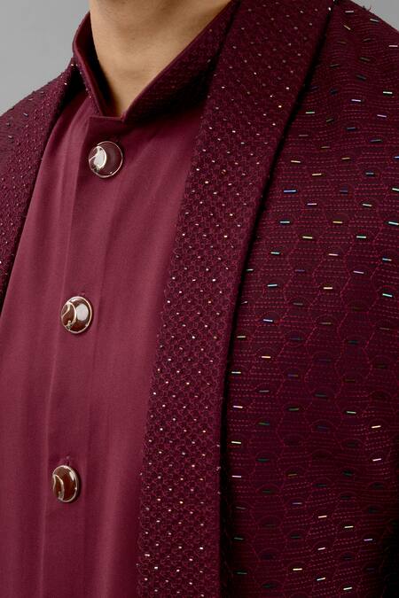 Siddhesh Chauhan_Wine Terry Rayon Embroidered Thread Cut Dana Jodhpuri Jacket Set_at_Aza_Fashions