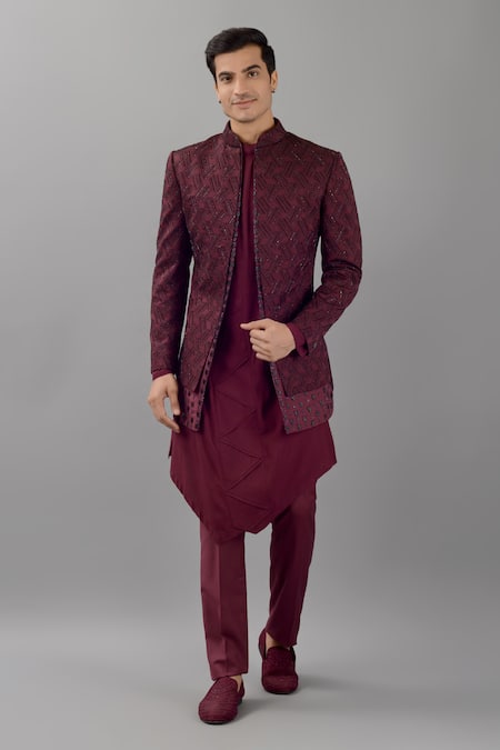 Siddhesh Chauhan Wine Terry Rayon Embroidered Versatile Jacquard Jodhpuri Jacket Set  