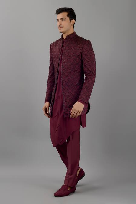 Siddhesh Chauhan_Wine Terry Rayon Embroidered Thread And Versatile Jacquard Jodhpuri Jacket Set_Online_at_Aza_Fashions