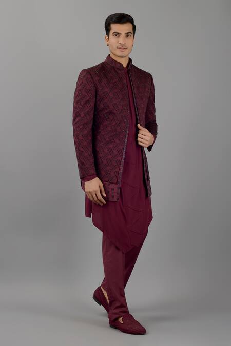 Buy_Siddhesh Chauhan_Wine Terry Rayon Embroidered Thread And Versatile Jacquard Jodhpuri Jacket Set_Online_at_Aza_Fashions