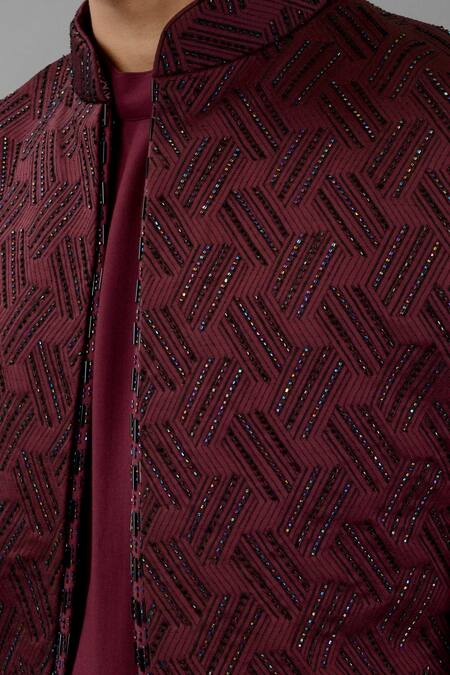 Shop_Siddhesh Chauhan_Wine Terry Rayon Embroidered Thread And Versatile Jacquard Jodhpuri Jacket Set_Online_at_Aza_Fashions