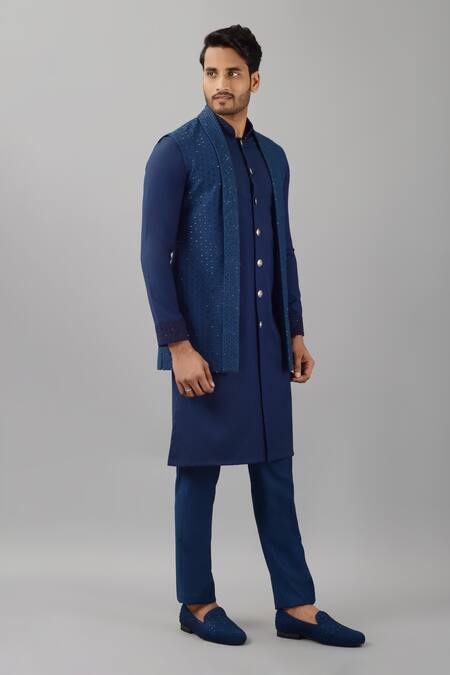 Shop_Siddhesh Chauhan_Blue Terrycloth Embroidery Shawl Collar Bundi_Online_at_Aza_Fashions