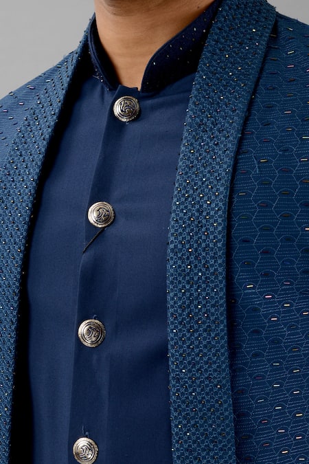 Siddhesh Chauhan_Blue Terrycloth Embroidery Shawl Collar Bundi_at_Aza_Fashions