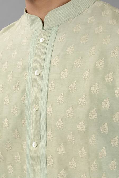 Shop_Siddhesh Chauhan_Green Silk, Cotton Embroidery Thread Kurta Set_Online_at_Aza_Fashions