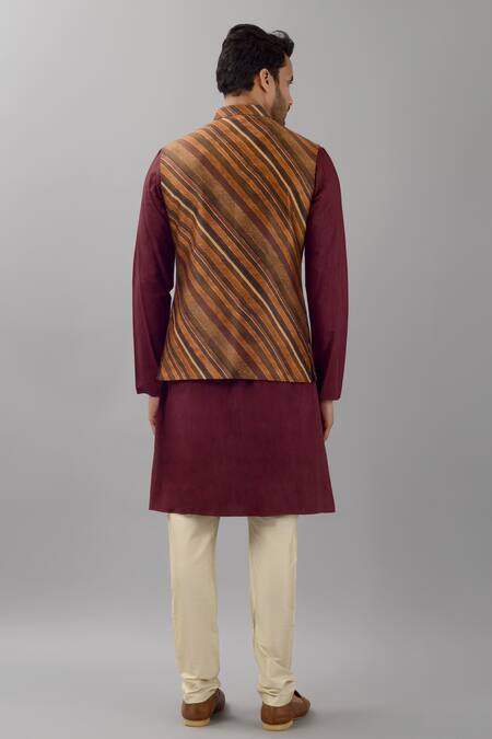 Shop Siddhesh Chauhan Brown Rayon Embroidery Silk Stripe Pattern Bundi at Aza Fashions Shop_Siddhesh Chauhan_Brown Rayon Embroidery Silk Stripe Pattern Bundi_at_Aza_Fashions