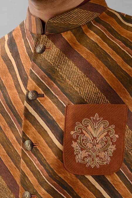 Siddhesh Chauhan Brown Rayon Embroidery Silk Stripe Pattern Bundi Online at Aza Fashions Siddhesh Chauhan_Brown Rayon Embroidery Silk Stripe Pattern Bundi_Online_at_Aza_Fashions