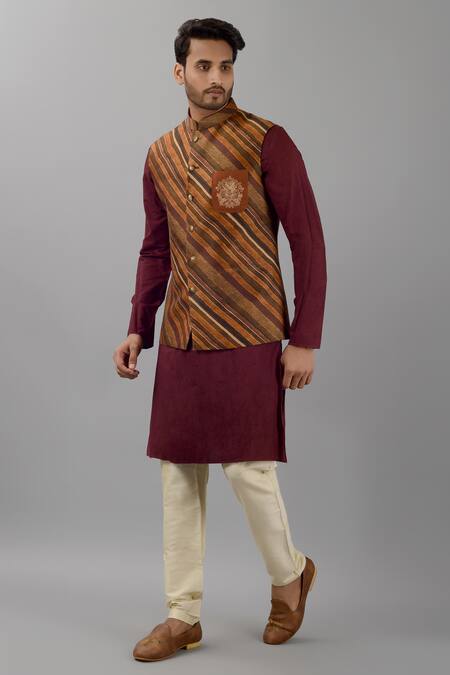 Buy Siddhesh Chauhan Brown Rayon Embroidery Silk Stripe Pattern Bundi Online at Aza Fashions Buy_Siddhesh Chauhan_Brown Rayon Embroidery Silk Stripe Pattern Bundi_Online_at_Aza_Fashions