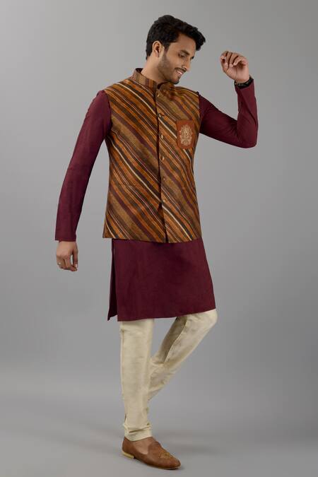 Shop Siddhesh Chauhan Brown Rayon Embroidery Silk Stripe Pattern Bundi Online at Aza Fashions Shop_Siddhesh Chauhan_Brown Rayon Embroidery Silk Stripe Pattern Bundi_Online_at_Aza_Fashions