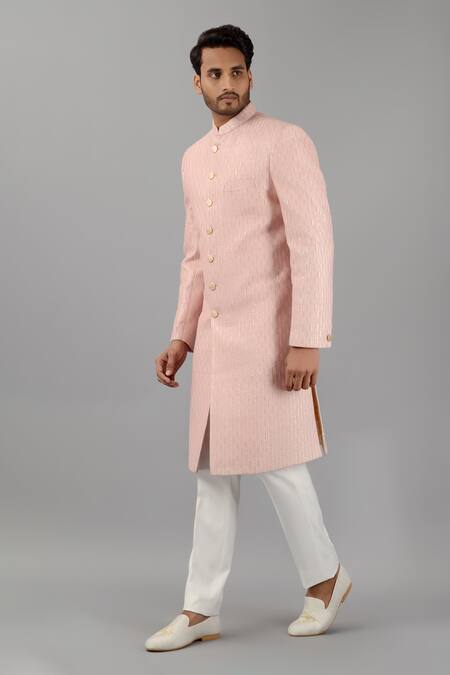 Siddhesh Chauhan_Pink Silk Embroidered Thread And Sequin Work Sherwani Set_Online_at_Aza_Fashions
