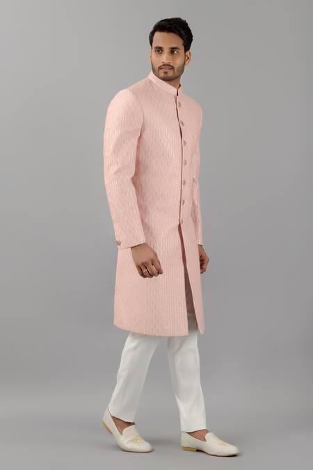 Buy_Siddhesh Chauhan_Pink Silk Embroidered Thread And Sequin Work Sherwani Set_Online_at_Aza_Fashions