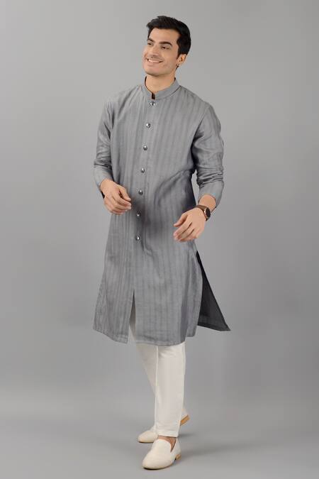 Shop_Siddhesh Chauhan_Grey Silk, Cotton Jacquard Textured Kurta Set_Online_at_Aza_Fashions