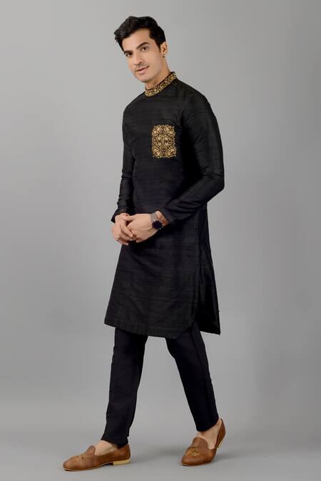 Siddhesh Chauhan_Black Silk Embroidery Zardozi Mandarin Collar Kurta Set_Online_at_Aza_Fashions