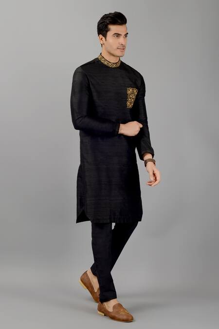 Buy_Siddhesh Chauhan_Black Silk Embroidery Zardozi Mandarin Collar Kurta Set_Online_at_Aza_Fashions