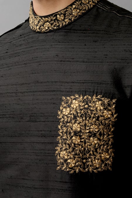 Shop_Siddhesh Chauhan_Black Silk Embroidery Zardozi Mandarin Collar Kurta Set_Online_at_Aza_Fashions