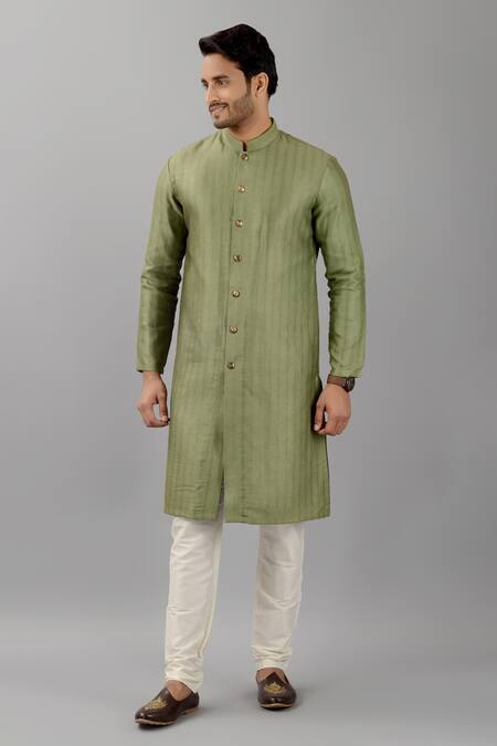Siddhesh Chauhan Green Silk, Jacquard, Cotton Textured Button Down Kurta With Pant Online at Aza Fashions Siddhesh Chauhan_Green Silk, Jacquard, Cotton Textured Button Down Kurta With Pant_Online_at_Aza_Fashions