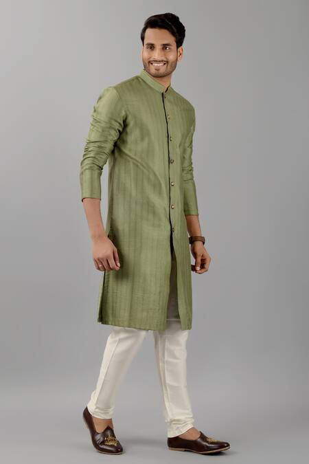 Shop Siddhesh Chauhan Green Silk, Jacquard, Cotton Textured Button Down Kurta With Pant Online at Aza Fashions Shop_Siddhesh Chauhan_Green Silk, Jacquard, Cotton Textured Button Down Kurta With Pant_Online_at_Aza_Fashions