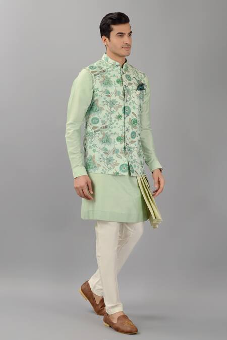 Siddhesh Chauhan_Green Silk Embroidery Mughal Floral Bundi_Online_at_Aza_Fashions